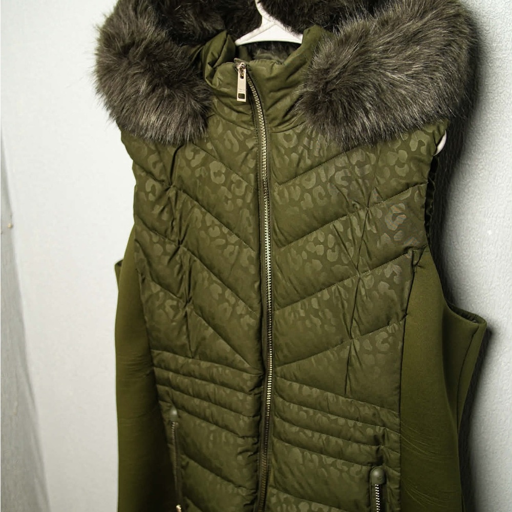 Michael Kors Green Quilted Vest with Faux Fur Trim
